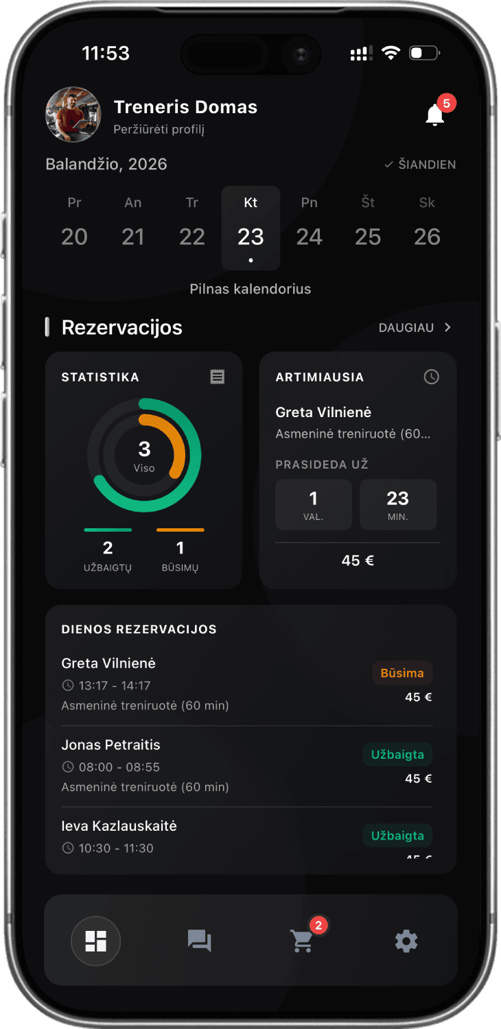 Sportstep trenerio programėlė – rezervacijos ir dienos tvarkaraštis